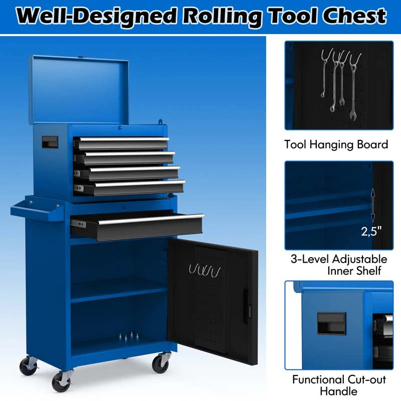 2 - in - 1 Rolling Tool Chest, 5-Drawer Tool Storage Cabinet with Wheels, Adjustable Shelf, Tool Box Organizer for Garage Warehouse Workshop