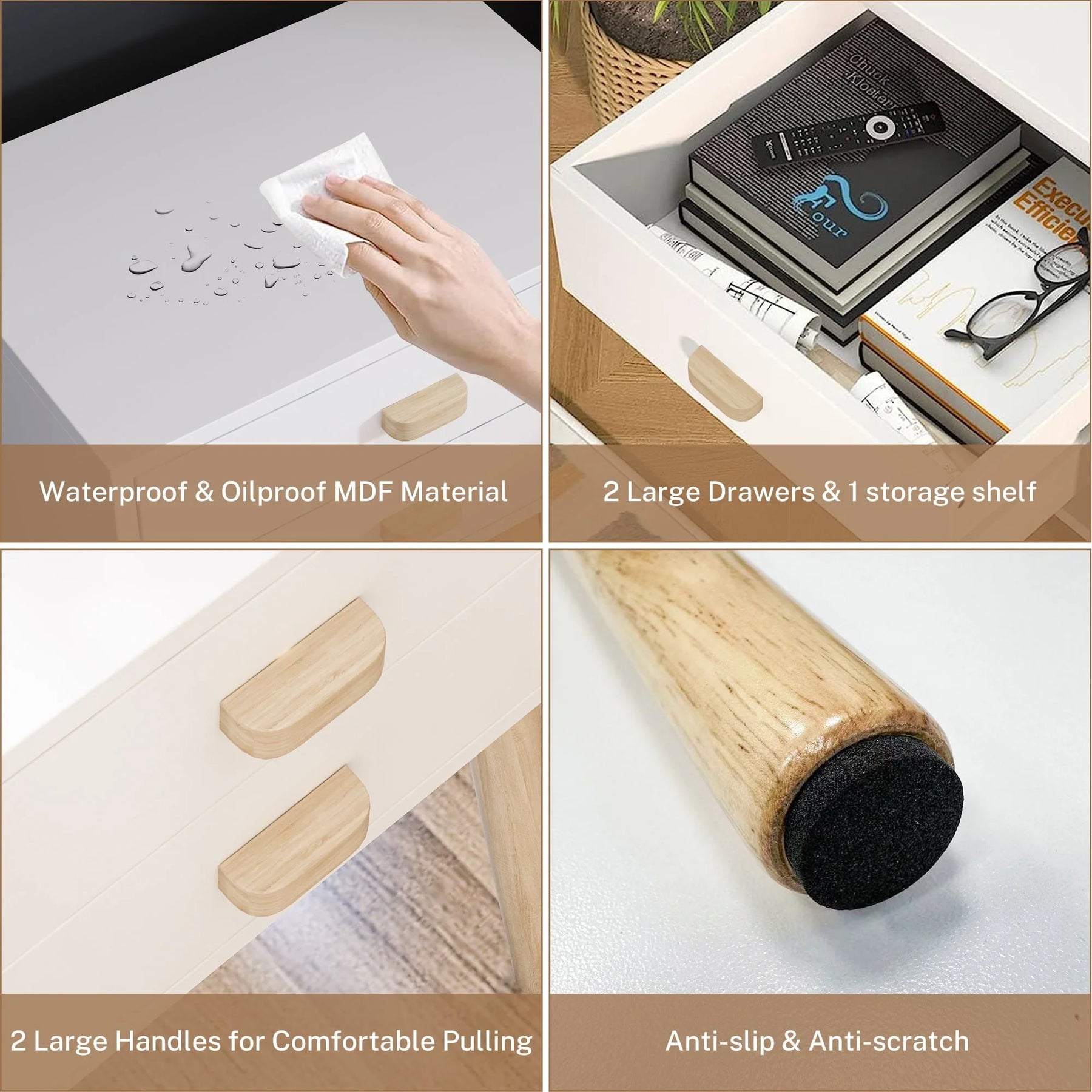 Syngar Nightstand Set of 2, Modern Bedside Tables with 2 Drawers, Storage Shelf and Wood Handles, White Bedroom Furniture