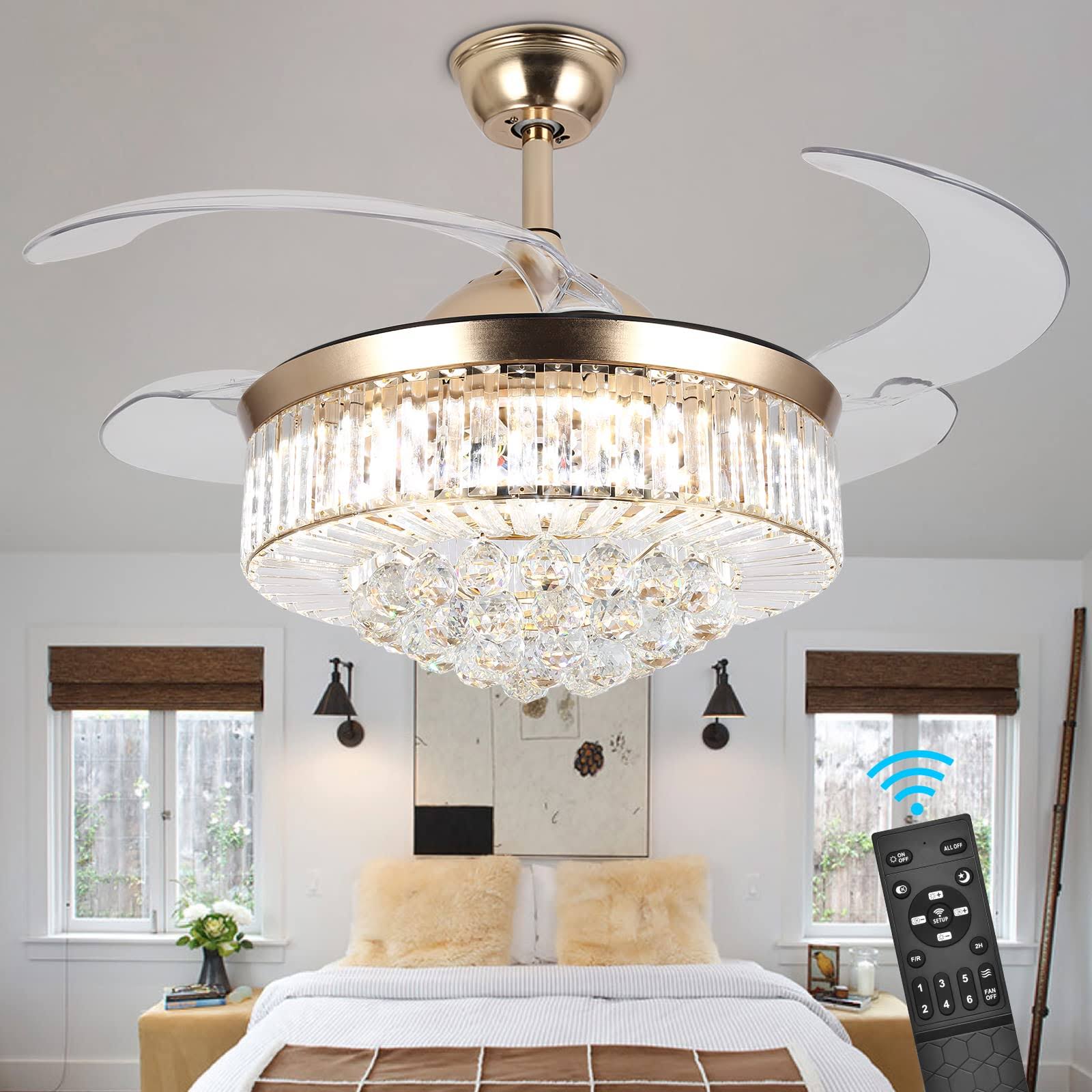 Panghuhu88 36" Invisible Ceiling Fan Chandelier Light,Modern Crystal Ceiling Fan Light Remote Control 4 Retractable ABS Blades for Bedroom Living Room