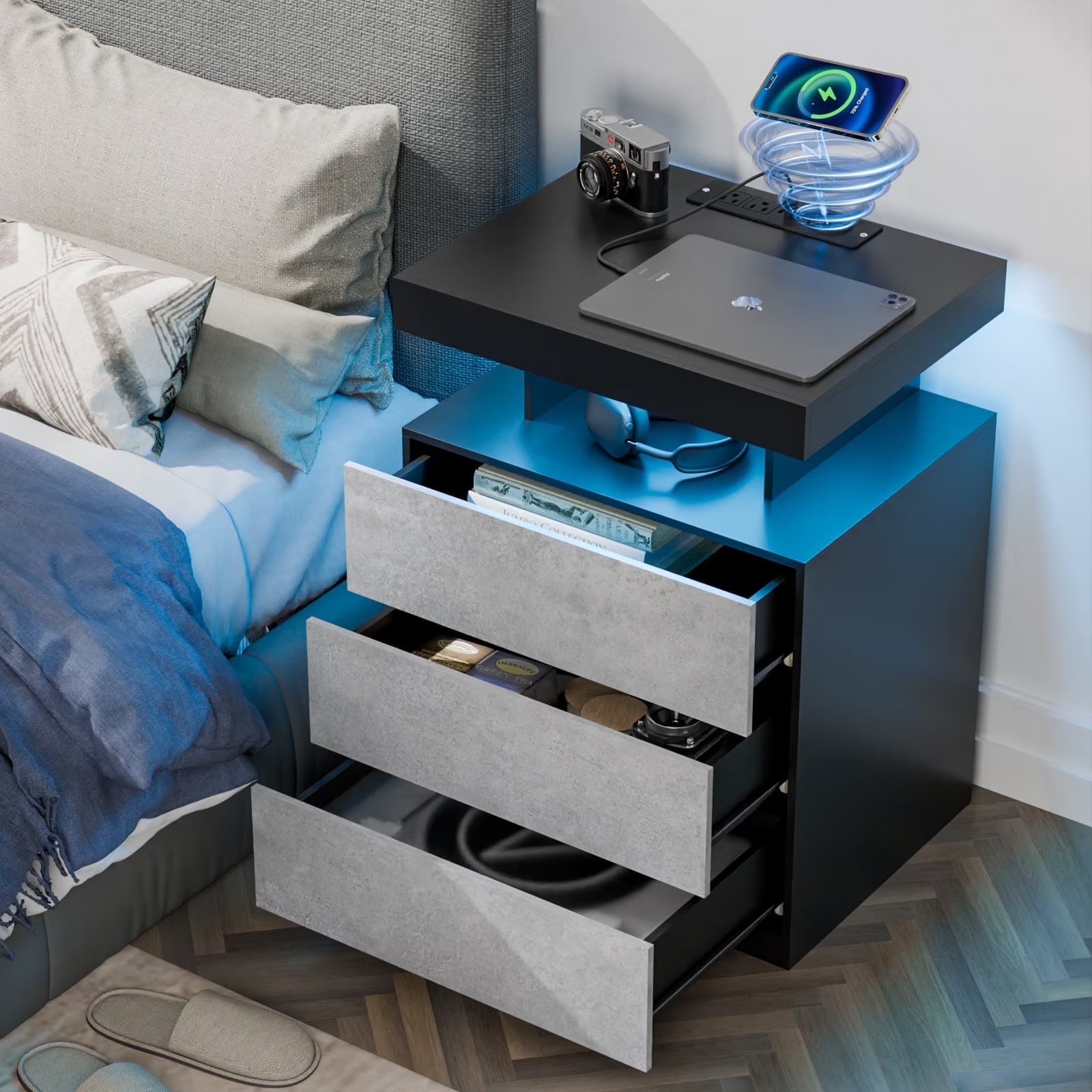 Hommpa LED Nightstand Wireless Charging Station USB Type C Outlets Bedside Table 3 Drawers Black Night Table Modern Smart Nightstand High Gloss End Side Table for Bedroom Furniture 26.8" Tall
