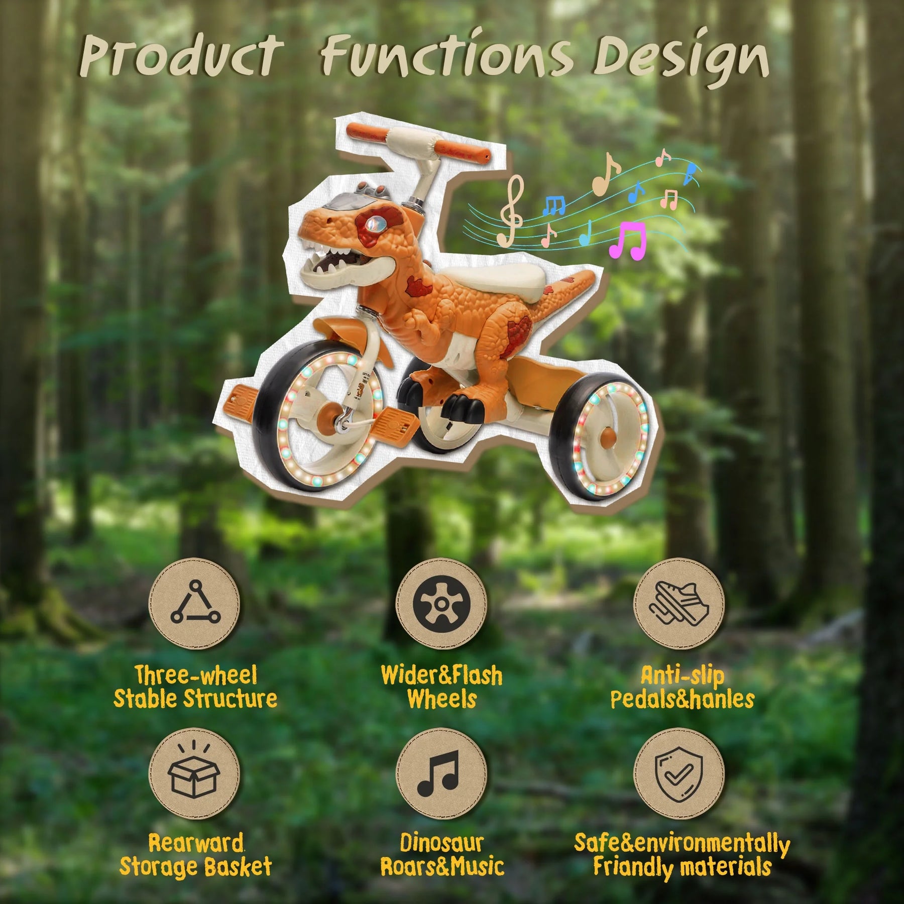 Xuanlur Kids Ride on Dinosaur Tricycle, Toddlers Kid Trike with Wide Flash Wheels, Anti - Slip Pedals, Rear Basket, Music & LED Lights, Toddler Bike