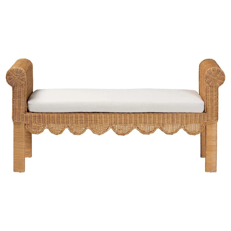 Reiko Handcrafted Natural Rattan Bench with Scalloped Design - Boho Farmhouse Seating for Entryway, Bedroom, or Living Room