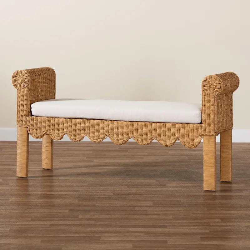 Reiko Handcrafted Natural Rattan Bench with Scalloped Design - Boho Farmhouse Seating for Entryway, Bedroom, or Living Room