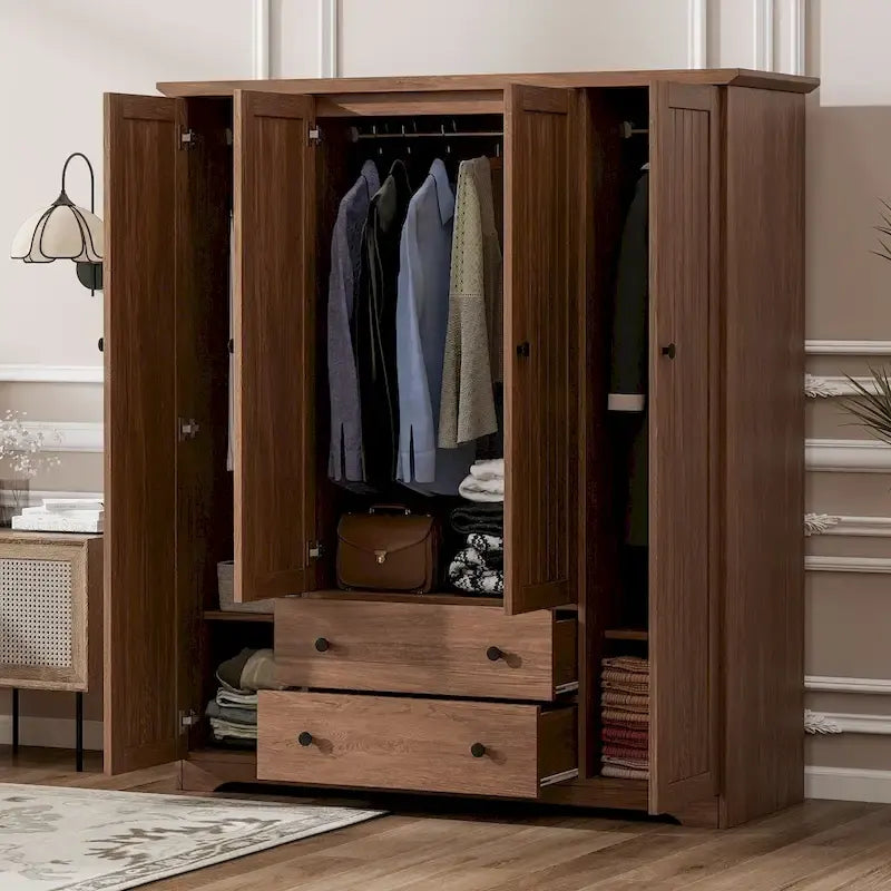 Freestanding 4 - Door Wardrobe Armoire with 2 Drawers and Hanging Rods for Clothes Storage