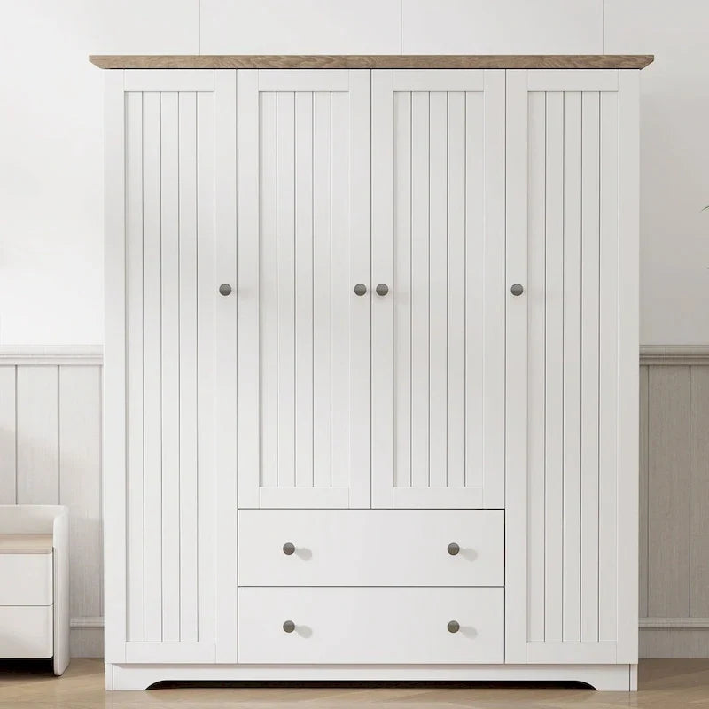 Freestanding 4 - Door Wardrobe Armoire with 2 Drawers and Hanging Rods for Clothes Storage