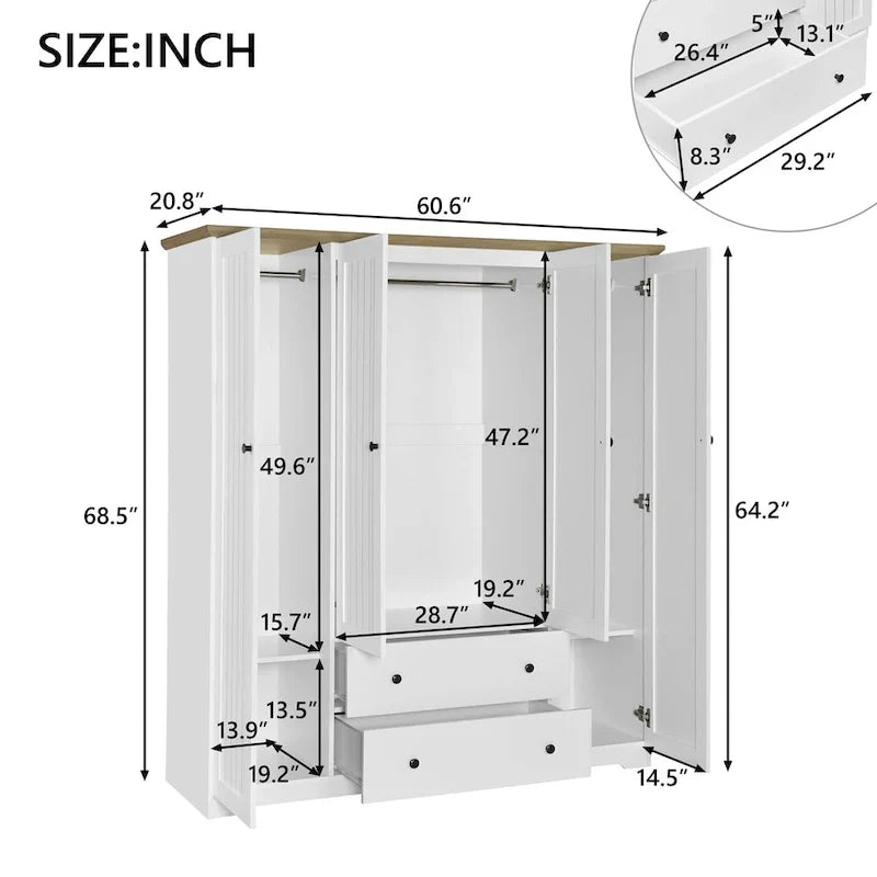 Freestanding 4 - Door Wardrobe Armoire with 2 Drawers and Hanging Rods for Clothes Storage