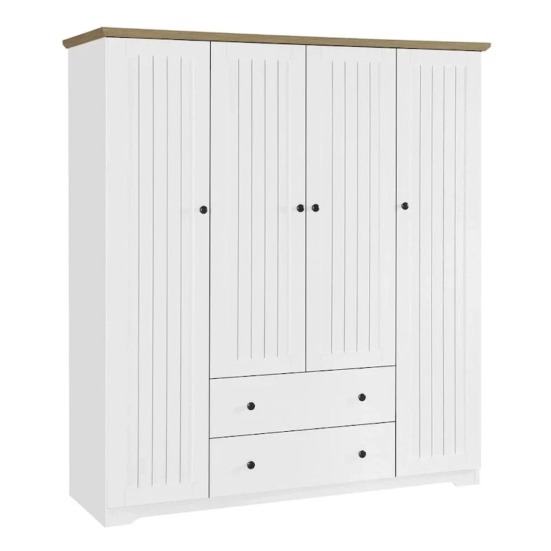 Freestanding 4 - Door Wardrobe Armoire with 2 Drawers and Hanging Rods for Clothes Storage