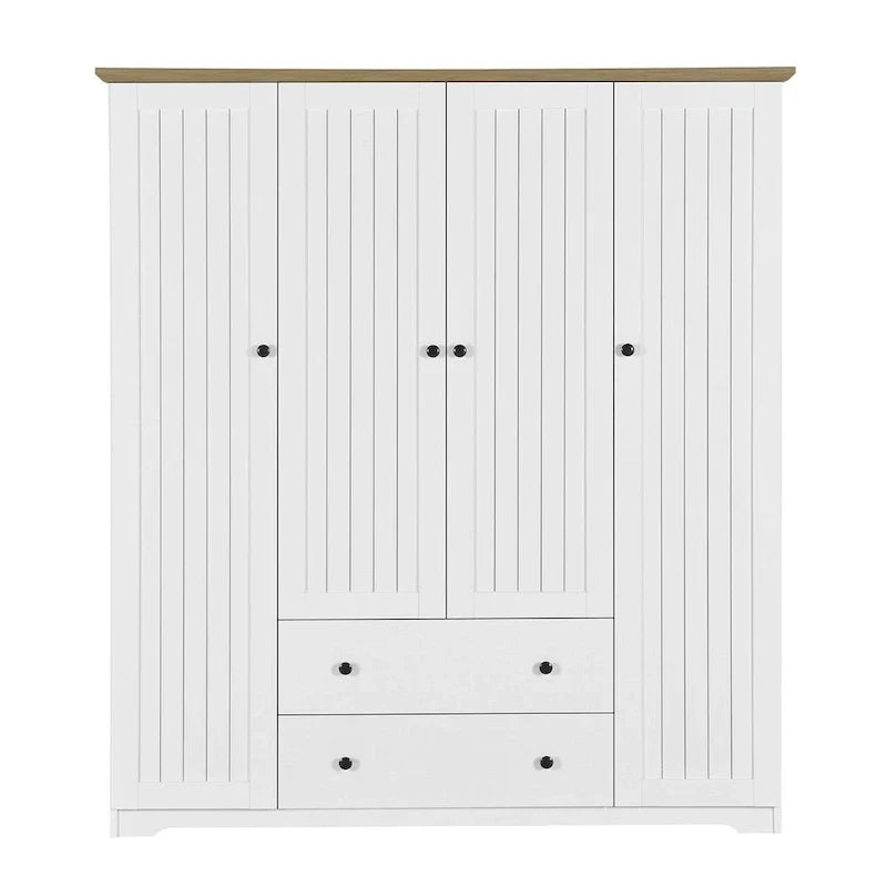 Freestanding 4 - Door Wardrobe Armoire with 2 Drawers and Hanging Rods for Clothes Storage