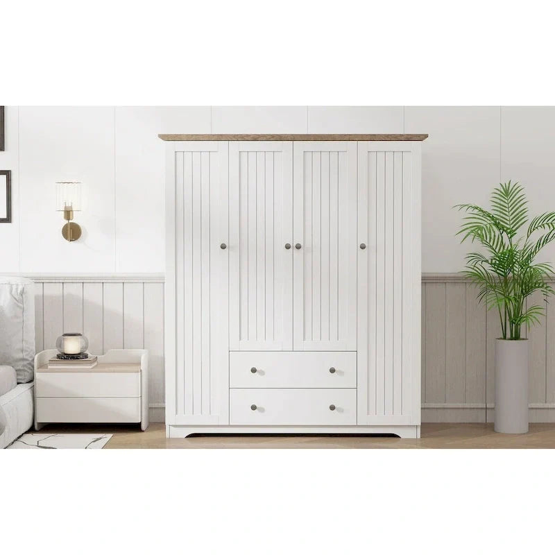 Freestanding 4 - Door Wardrobe Armoire with 2 Drawers and Hanging Rods for Clothes Storage