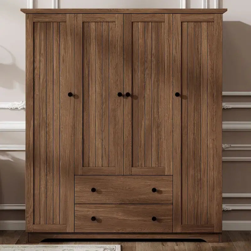 Freestanding 4 - Door Wardrobe Armoire with 2 Drawers and Hanging Rods for Clothes Storage