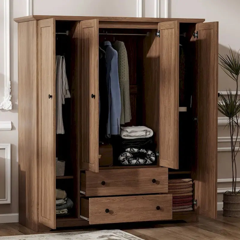 Freestanding 4 - Door Wardrobe Armoire with 2 Drawers and Hanging Rods for Clothes Storage