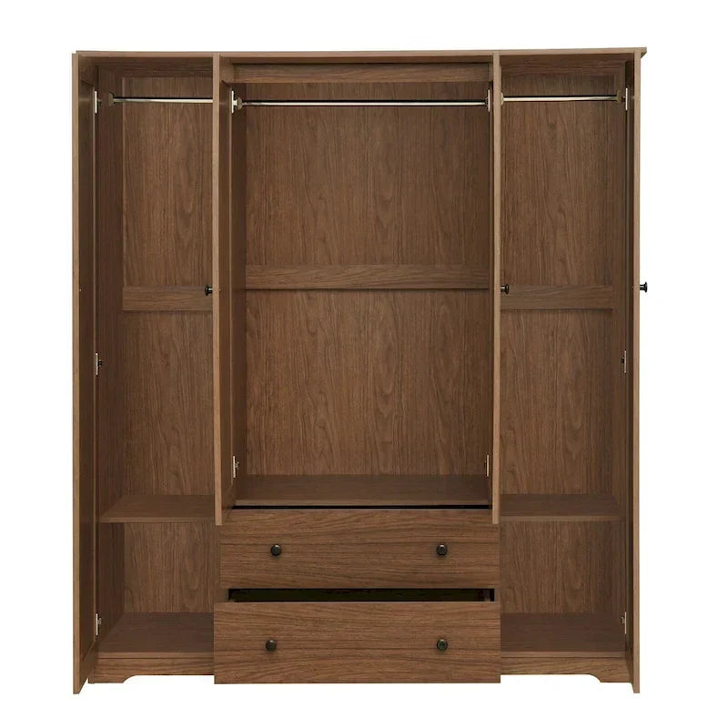 Freestanding 4 - Door Wardrobe Armoire with 2 Drawers and Hanging Rods for Clothes Storage
