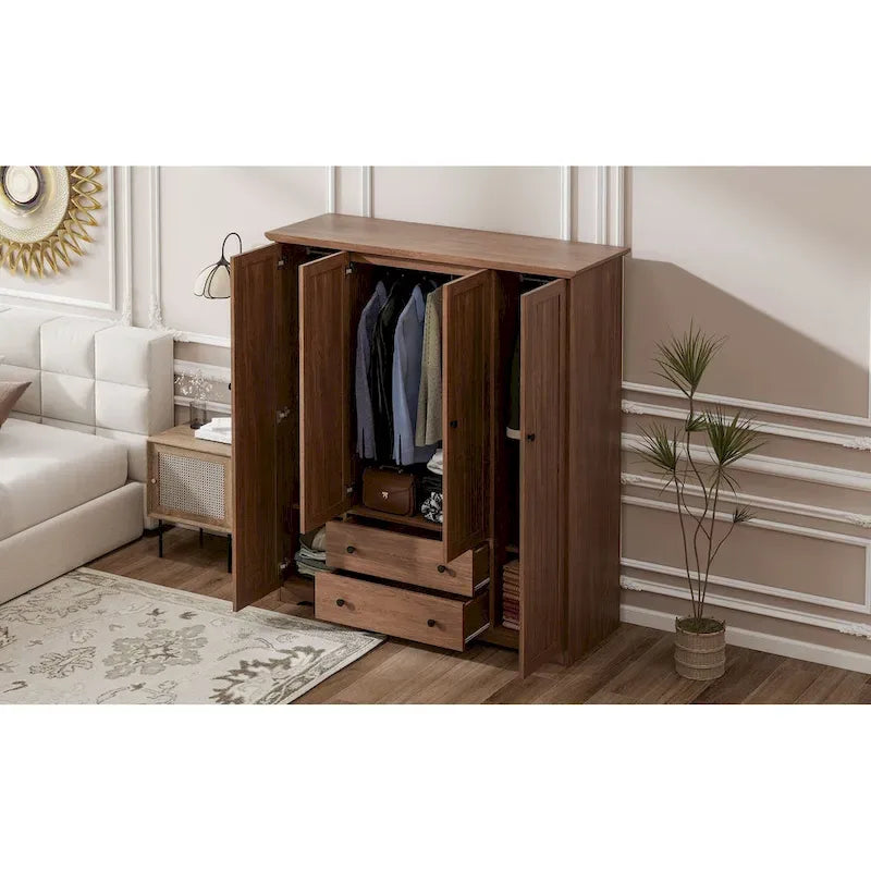 Freestanding 4 - Door Wardrobe Armoire with 2 Drawers and Hanging Rods for Clothes Storage