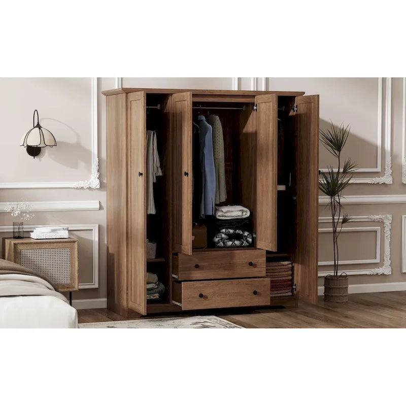 Freestanding 4 - Door Wardrobe Armoire with 2 Drawers and Hanging Rods for Clothes Storage