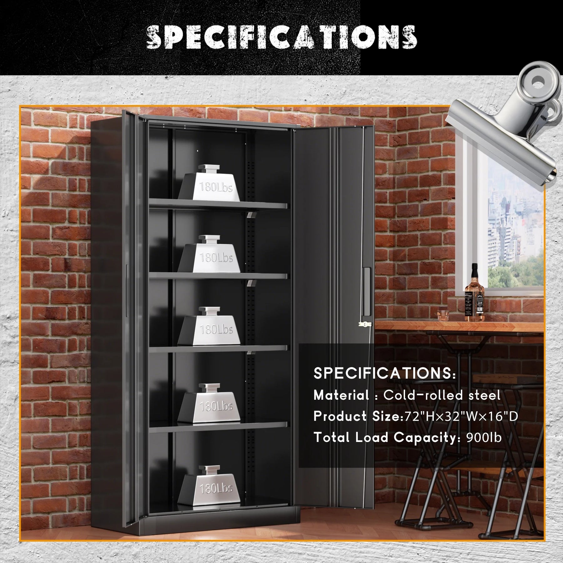 SOLAURA 71" Metal Garage Storage Cabinet with Locking Doors and Adjustable Shelves for Home, Office(Black)