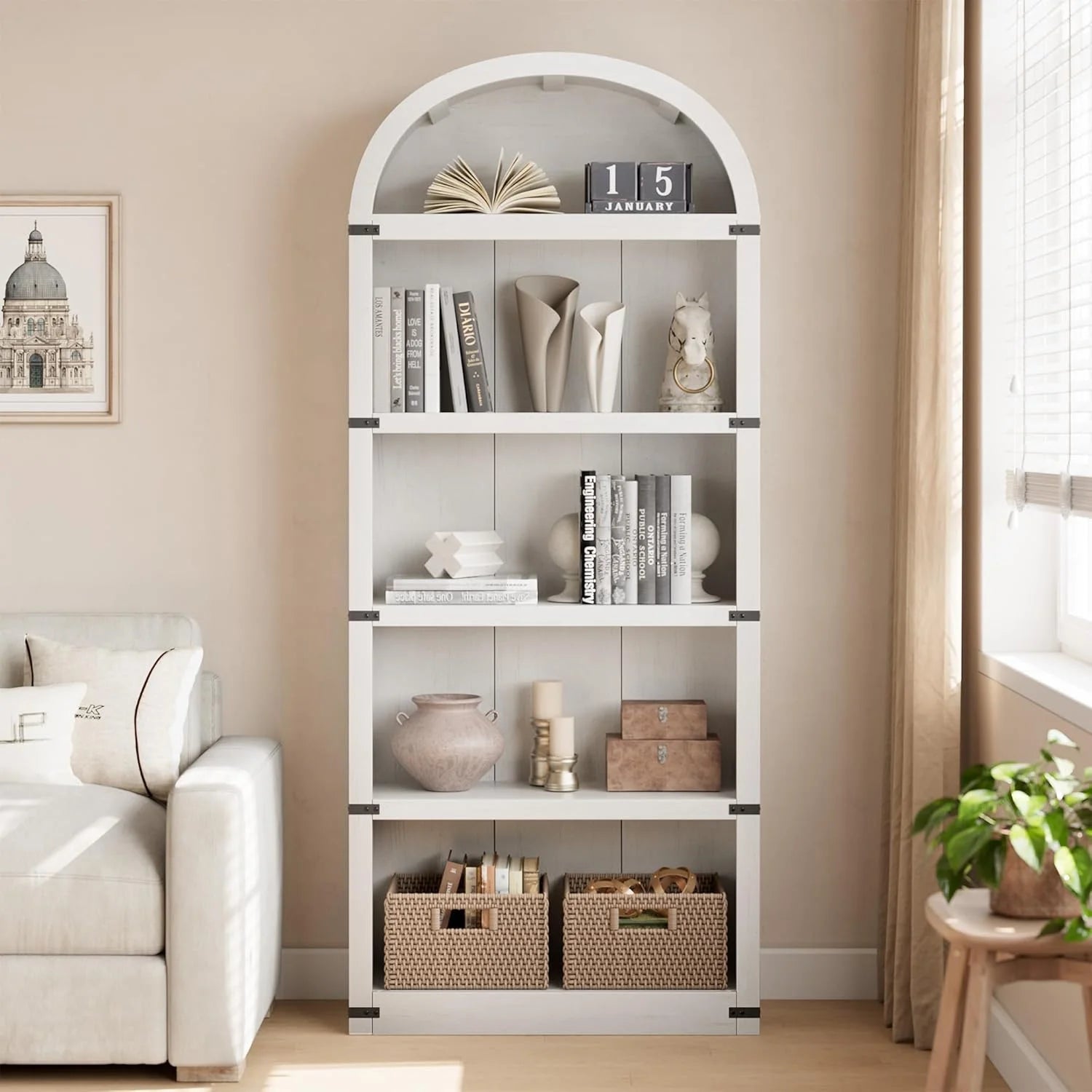 Bookcase 5 Shelf Arched Bookshelf 71.65in Tall Bookcase Farmhouse Display Storage Rack Wooden Bookshelves for Home Office, Living Room(White)