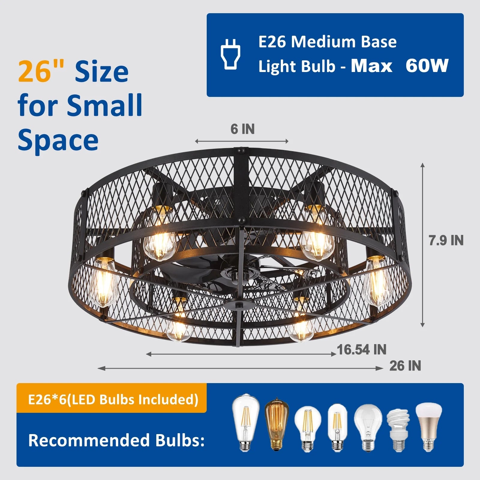 26 - Inch Farmhouse Caged Ceiling Fan with Light, Remote & APP Control Quiet DC Motor E26 Bulbs Included Black