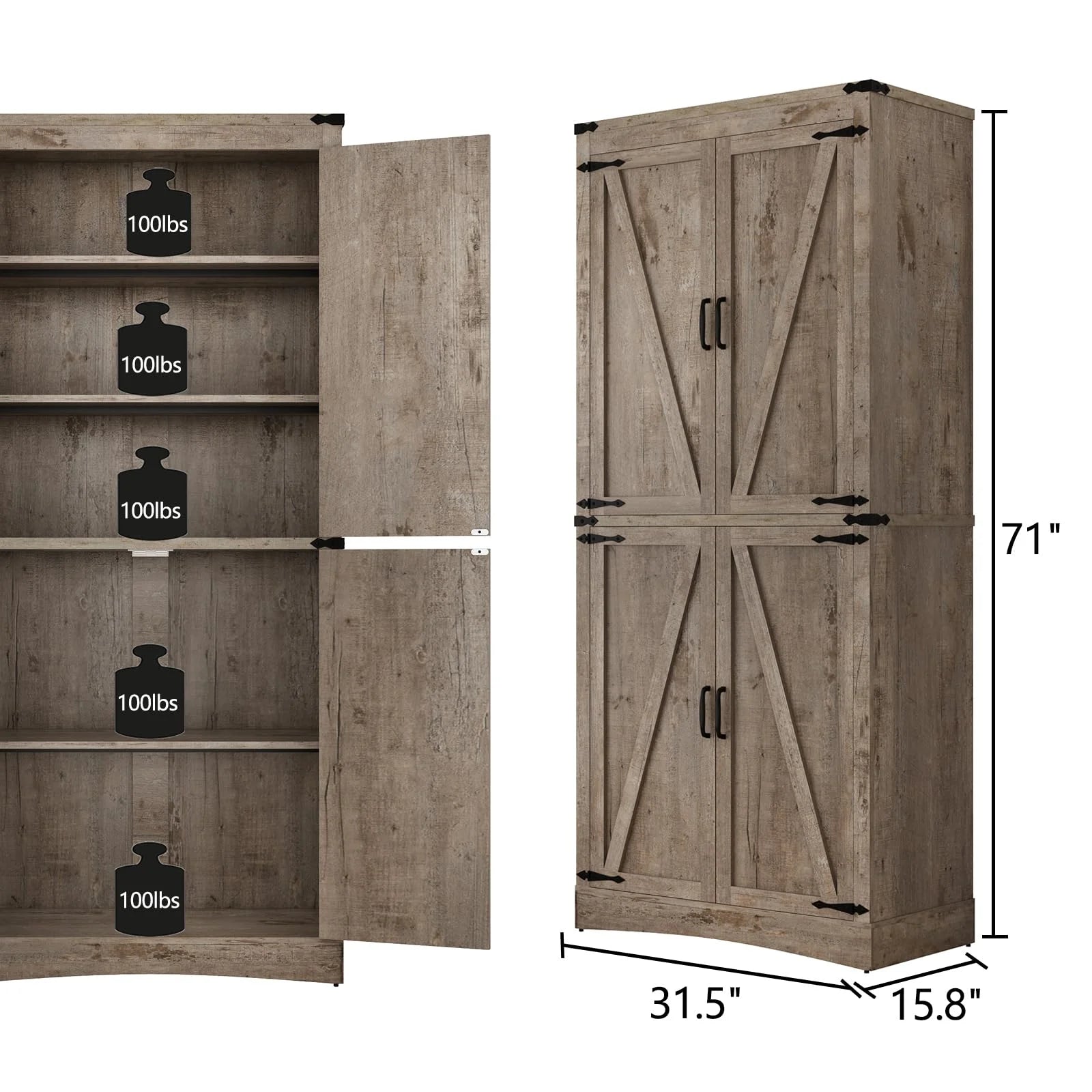 71" Tall Farmhouse Kitchen Pantry Cabinet, 5 Layers Storage Cabinet with Adjustable Shelves, Farmhouse Pantry Cabinet with 4 Barn Doors