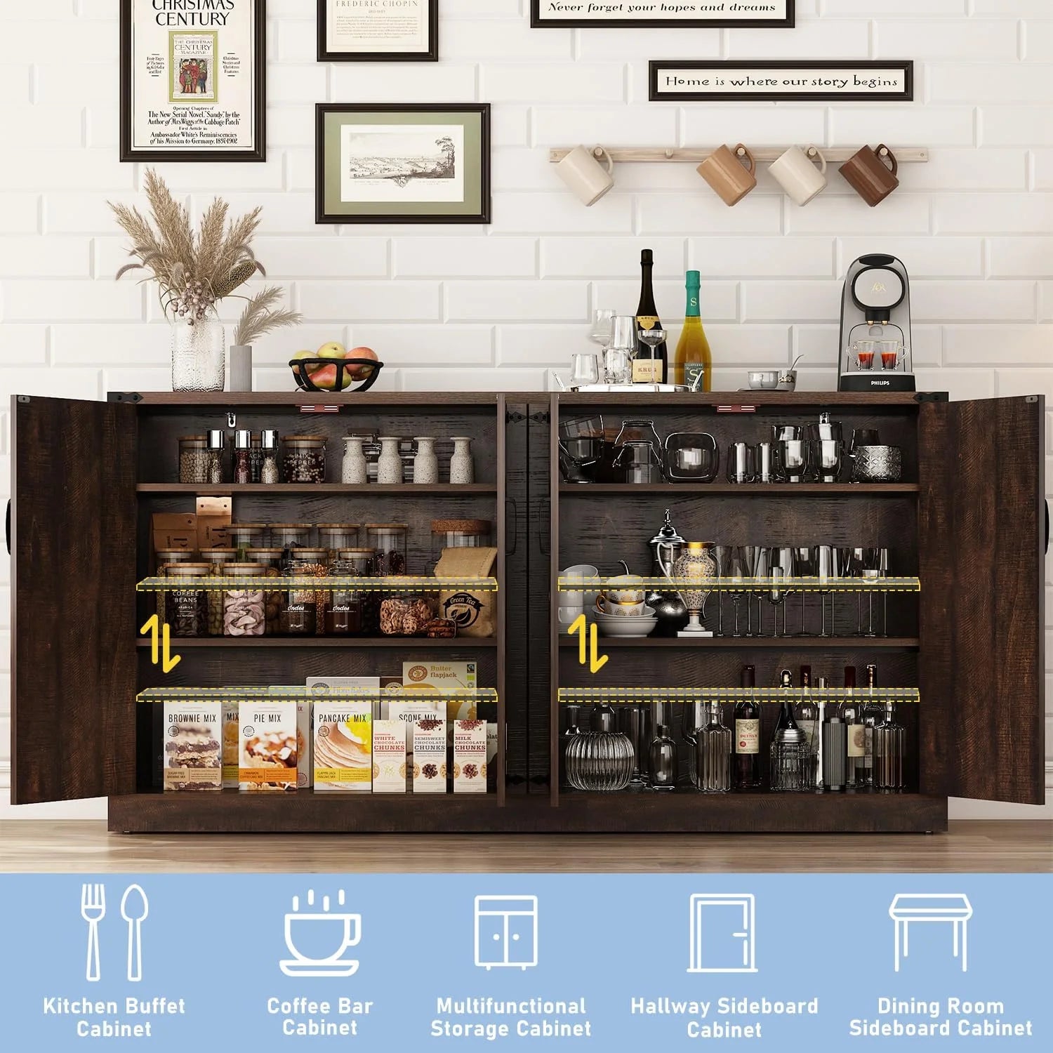 71" Tall Farmhouse Kitchen Pantry Cabinet, 5 Layers Storage Cabinet with Adjustable Shelves, Farmhouse Pantry Cabinet with 4 Barn Doors