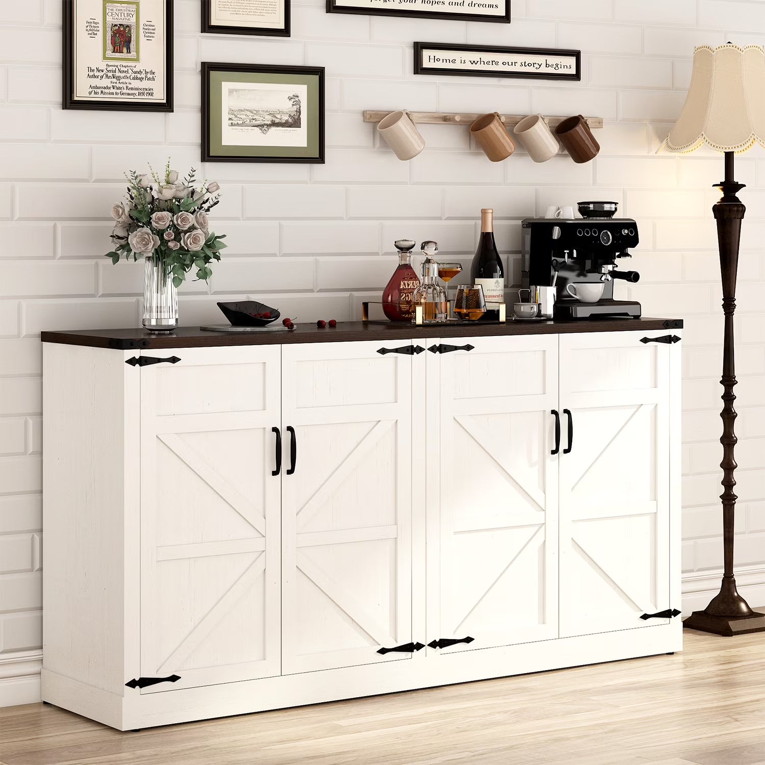71" Tall Farmhouse Kitchen Pantry Cabinet, 5 Layers Storage Cabinet with Adjustable Shelves, Farmhouse Pantry Cabinet with 4 Barn Doors