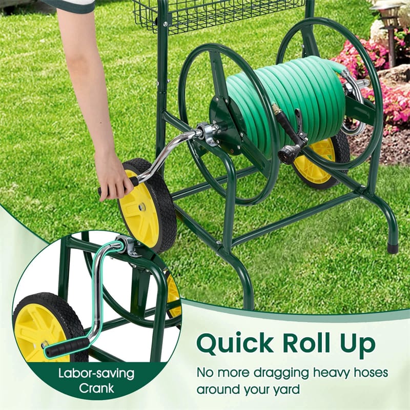 Garden Hose Reel Cart Holds 230FT of 5/8" Hose, Heavy - Duty Hose Cart with 2 Wheels & Storage Basket, Portable Water Hose Organizer for Yard