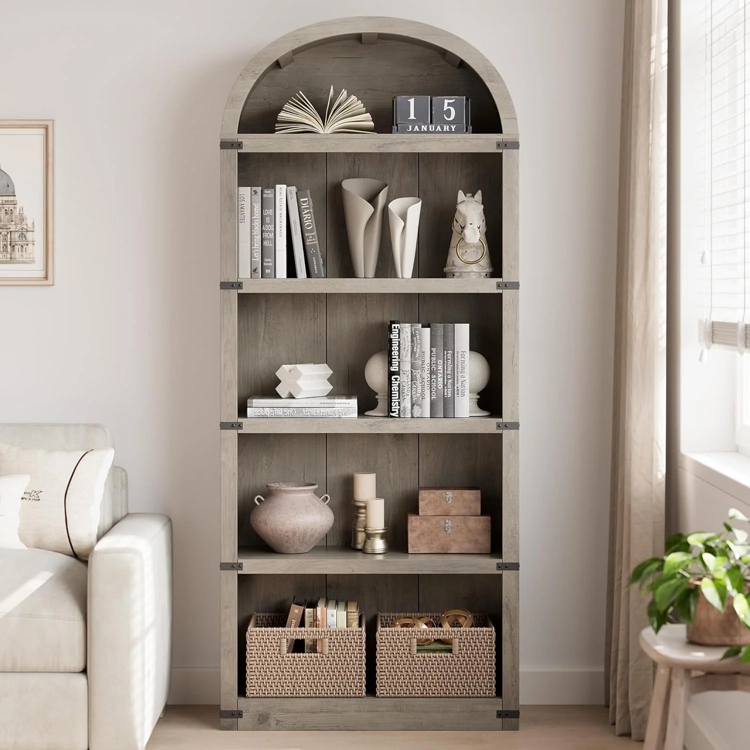 Bookcase 5 Shelf Arched Bookshelf 71.65in Tall Bookcase Farmhouse Display Storage Rack Wooden Bookshelves for Home Office, Living Room(White)