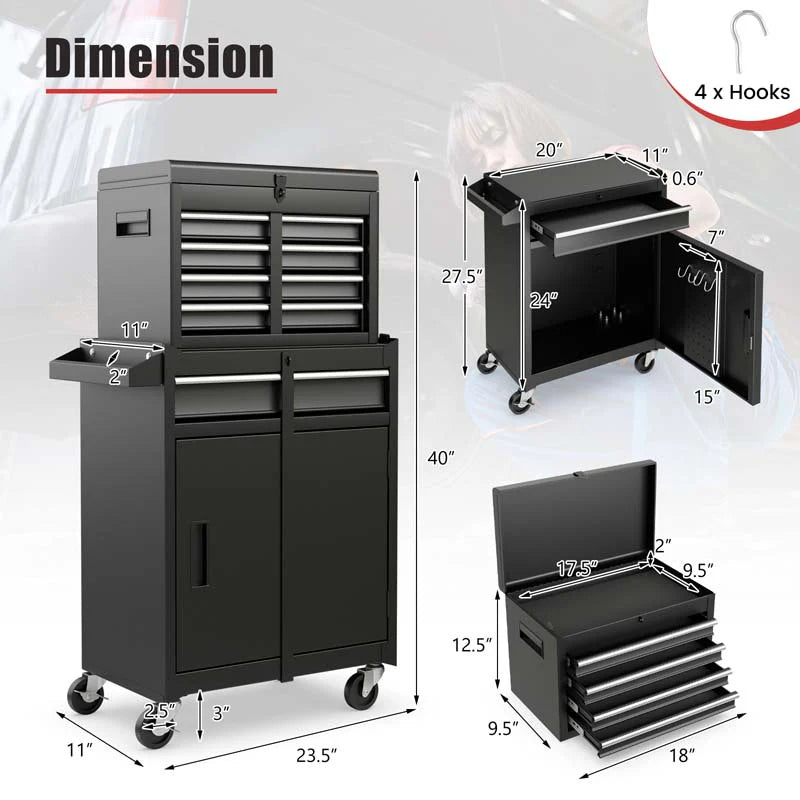 2 - in - 1 Rolling Tool Chest, 5-Drawer Tool Storage Cabinet with Wheels, Adjustable Shelf, Tool Box Organizer for Garage Warehouse Workshop
