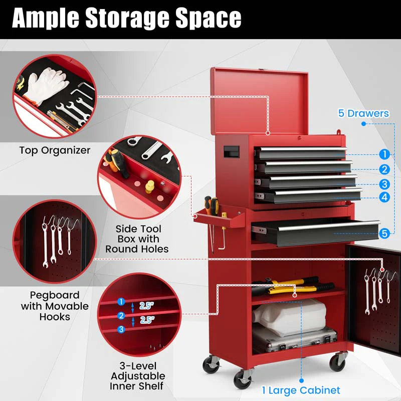 2 - in - 1 Rolling Tool Chest, 5-Drawer Tool Storage Cabinet with Wheels, Adjustable Shelf, Tool Box Organizer for Garage Warehouse Workshop