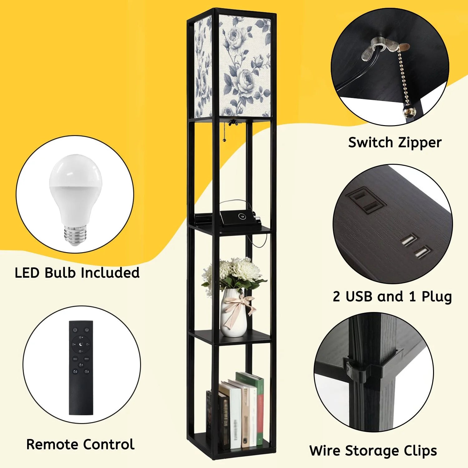Floor Lamp with Shelves, Modern Dimmable Standing Lamp Floral Corner Display Bookshelf Lamp with 2 USB & 1 Power Outlet for Living Room & Bedroom