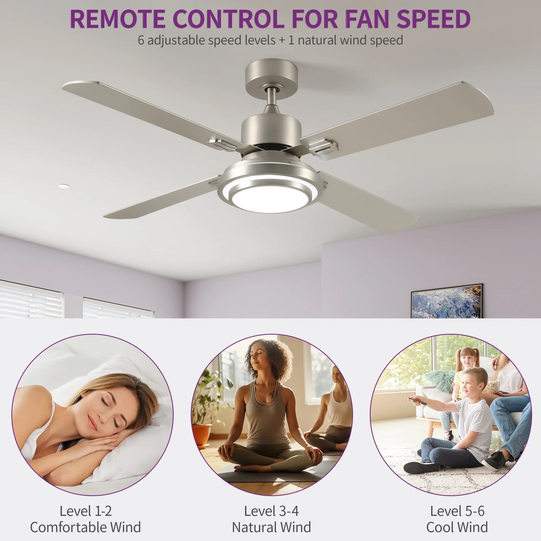 Dextrus 52'' Ceiling Fan with Light and Remote Control, 6 Speeds, 5 Timer Settings, and Dual - Finish Blades (Nickel)