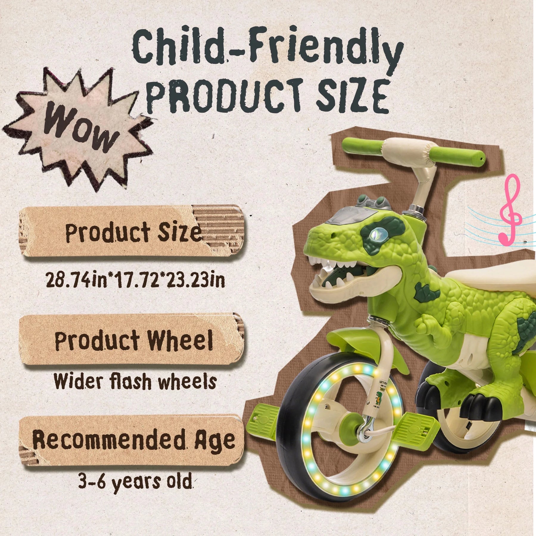 Xuanlur Kids Ride on Dinosaur Tricycle, Toddlers Kid Trike with Wide Flash Wheels, Anti - Slip Pedals, Rear Basket, Music & LED Lights, Toddler Bike
