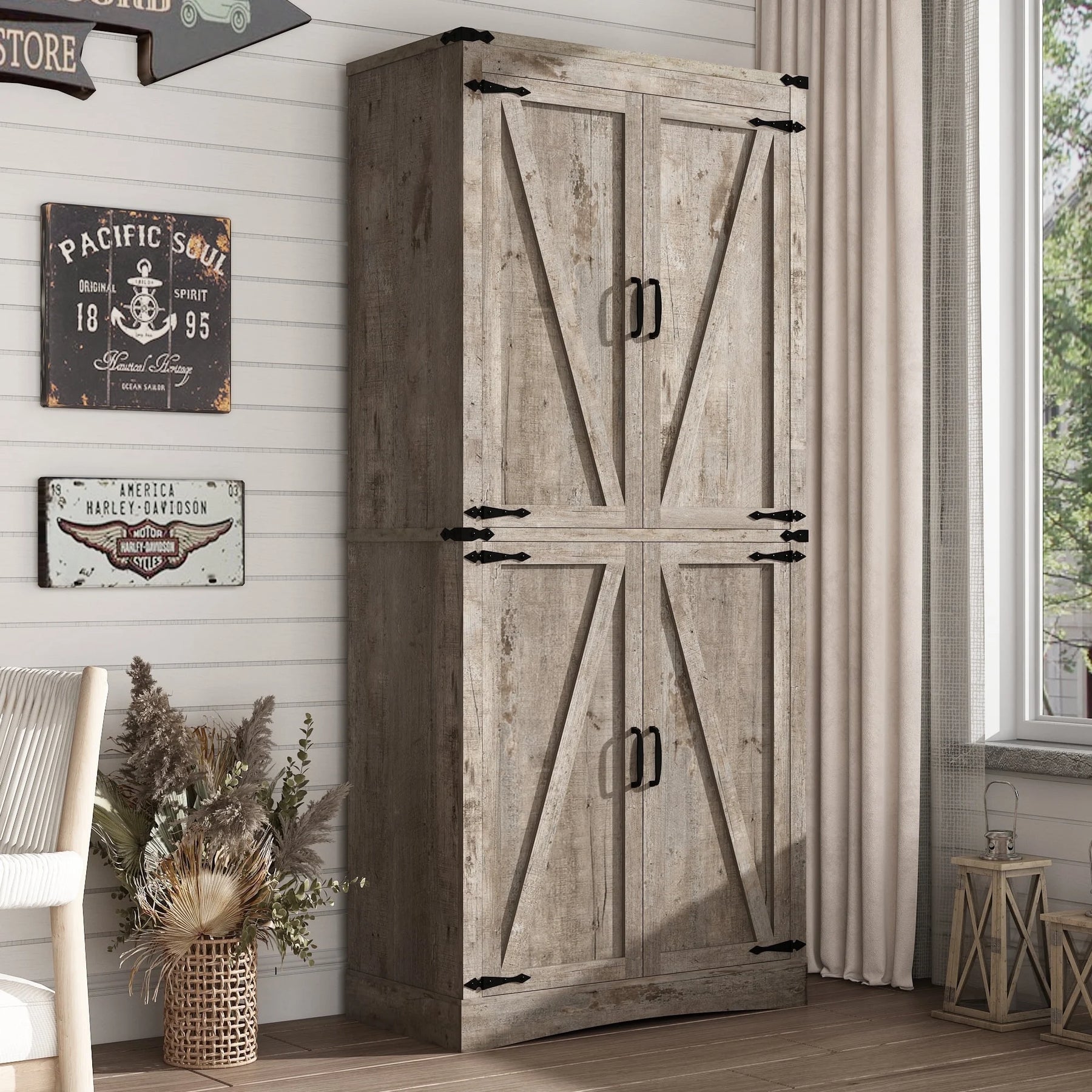 71" Tall Farmhouse Kitchen Pantry Cabinet, 5 Layers Storage Cabinet with Adjustable Shelves, Farmhouse Pantry Cabinet with 4 Barn Doors
