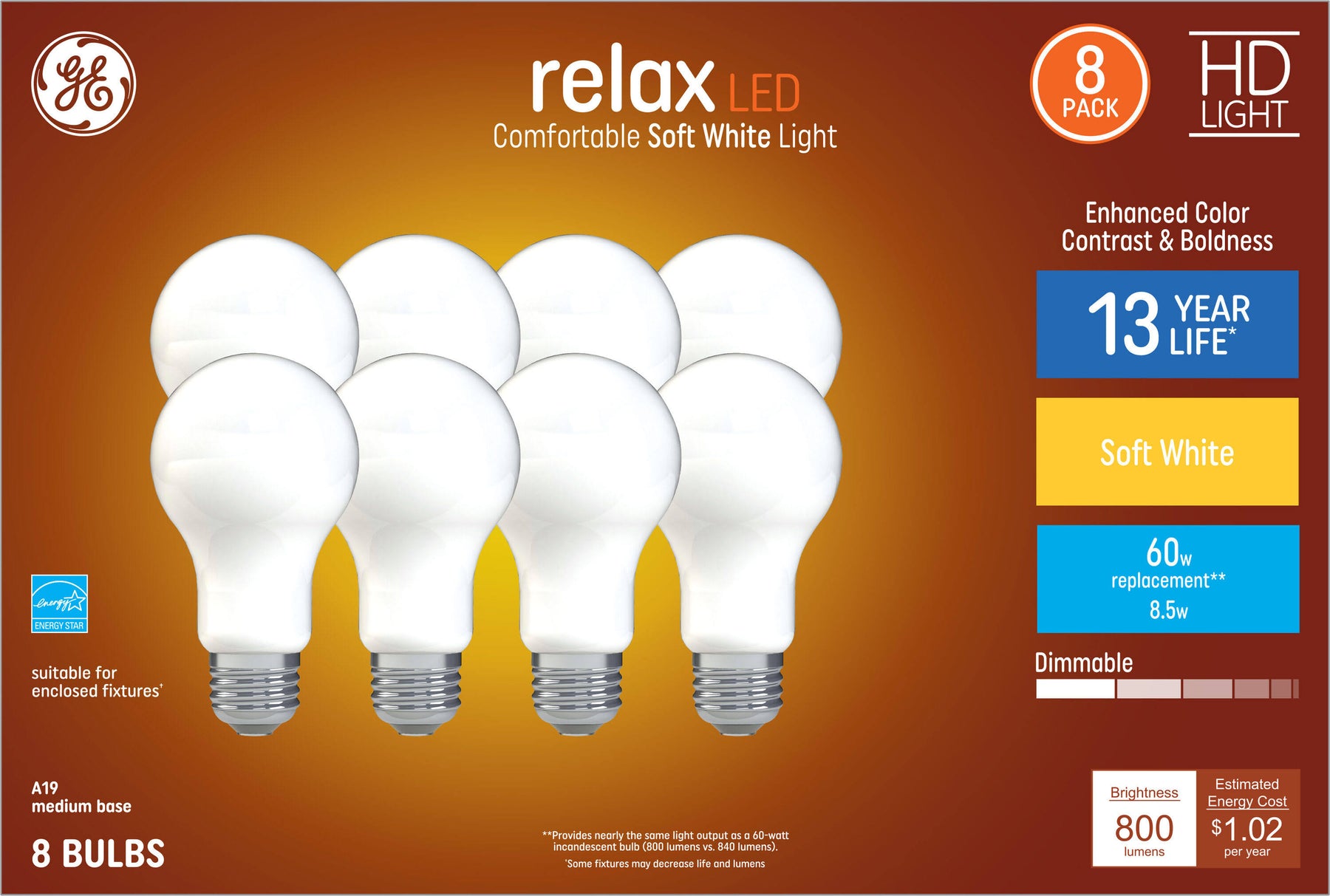 GE Relax 8-Pack 60 W Equivalent Dimmable Warm White A19 LED Light Fixture Light Bulbs