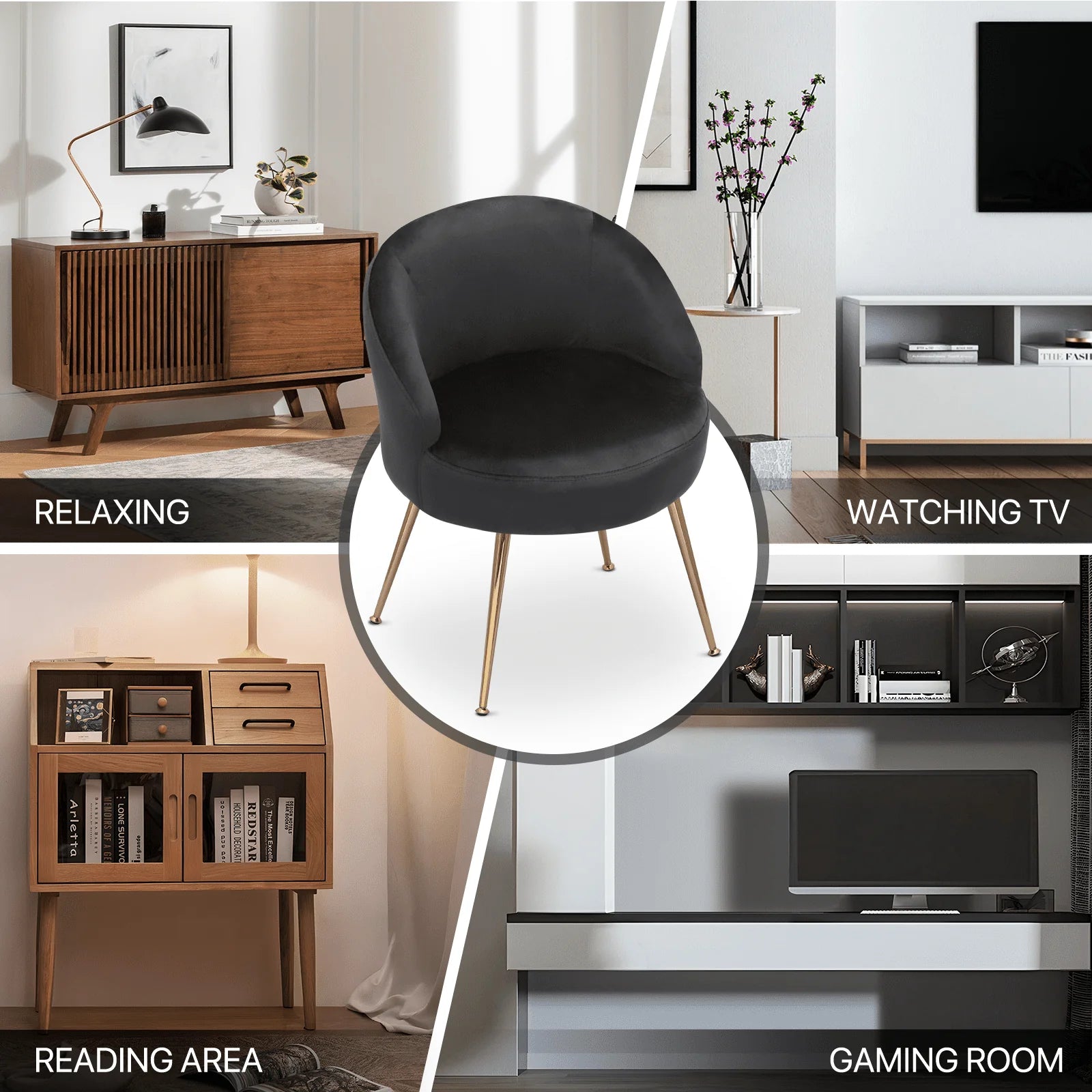 Monibloom Velvet Accent Chair, Modern Upholstered Single Sofa Side Chair, Comfy Barrel Club Living Room Armchair with Golden Metal Legs