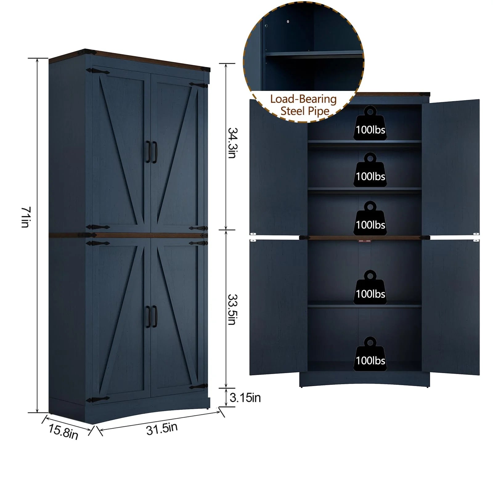 71" Tall Farmhouse Kitchen Pantry Cabinet, 5 Layers Storage Cabinet with Adjustable Shelves, Farmhouse Pantry Cabinet with 4 Barn Doors