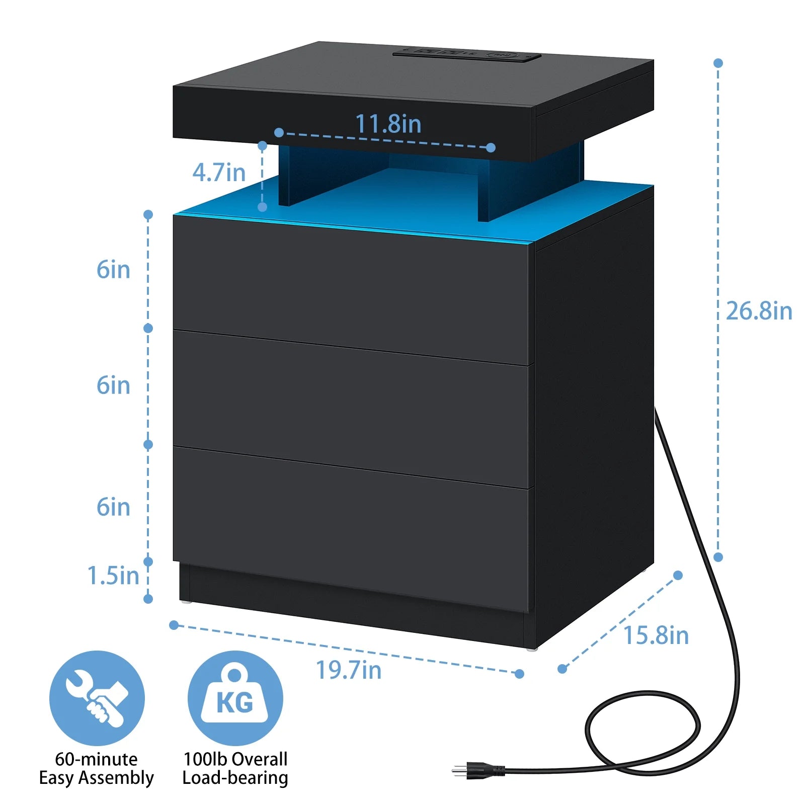 Hommpa LED Nightstand Wireless Charging Station USB Type C Outlets Bedside Table 3 Drawers Black Night Table Modern Smart Nightstand High Gloss End Side Table for Bedroom Furniture 26.8" Tall