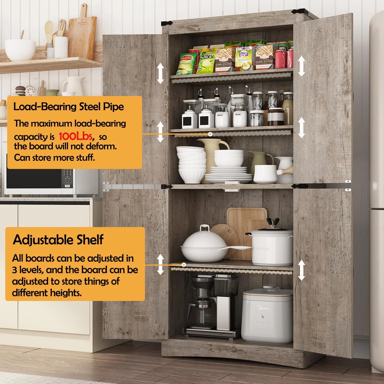 71" Tall Farmhouse Kitchen Pantry Cabinet, 5 Layers Storage Cabinet with Adjustable Shelves, Farmhouse Pantry Cabinet with 4 Barn Doors