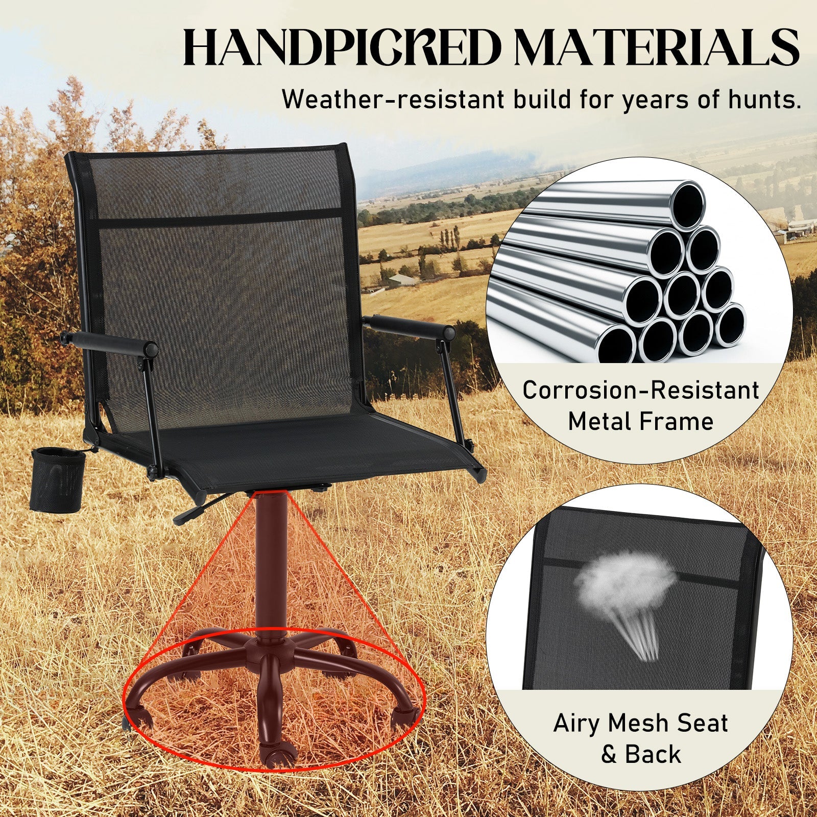 AECOJOY Hunting Swivel Chair, Adjustable Height, Foldable Backrest, Sturdy Frame for Long Hunts