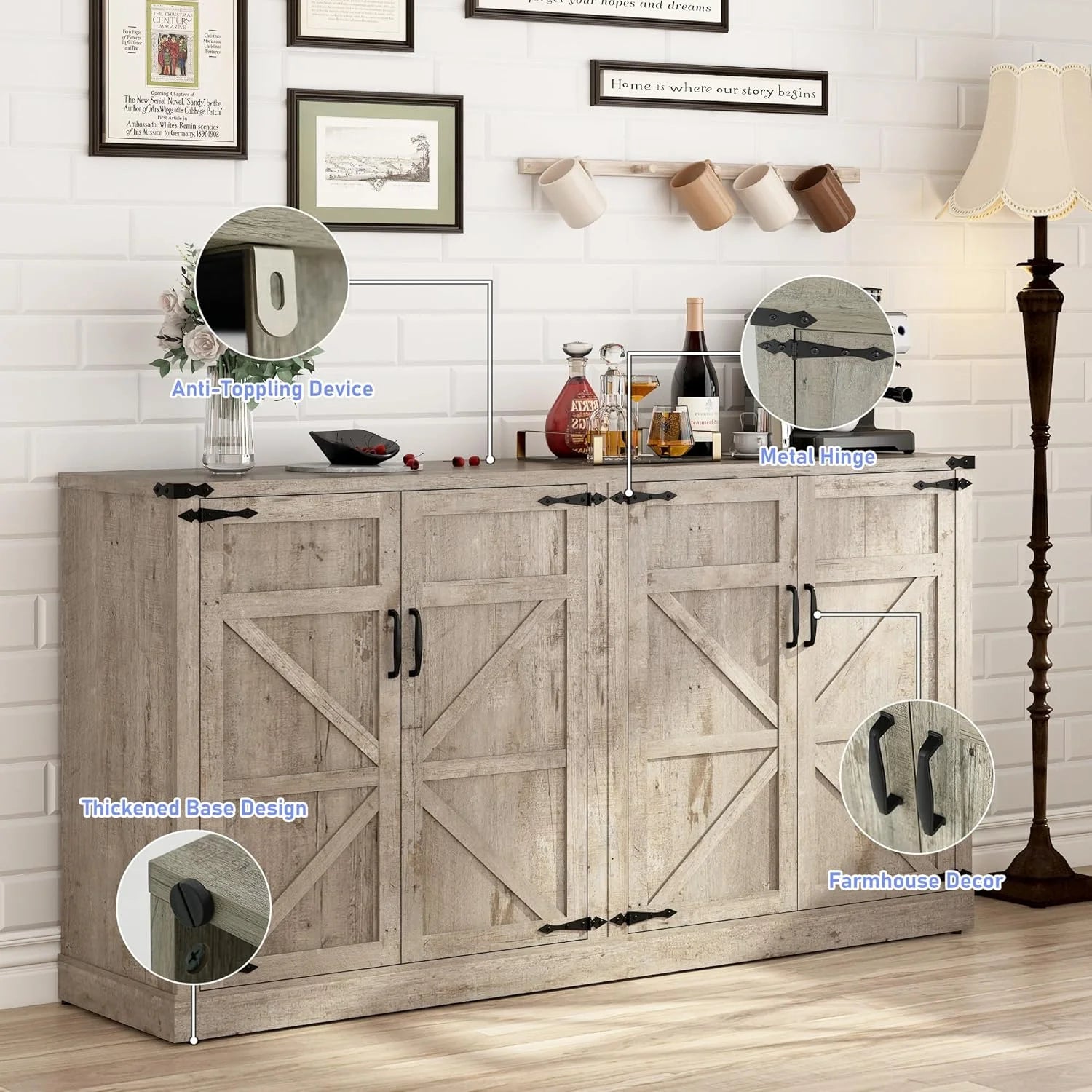 71" Tall Farmhouse Kitchen Pantry Cabinet, 5 Layers Storage Cabinet with Adjustable Shelves, Farmhouse Pantry Cabinet with 4 Barn Doors