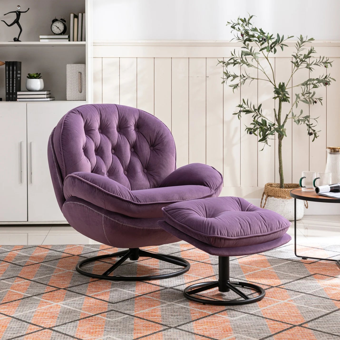 Velvet Swivel Accent Chair with Ottoman, Modern Chaise Lounge Chair with Metal Frame and Footstool, Comfy Armchair Reading Chair