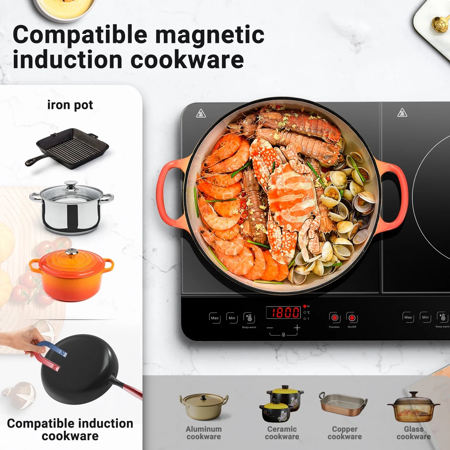 Aobosi Double Induction Cooktop with 2 Burners, 1800W Electric Stove Cooktop with Sensor Touch, 10 Temperature 9 Power Settings