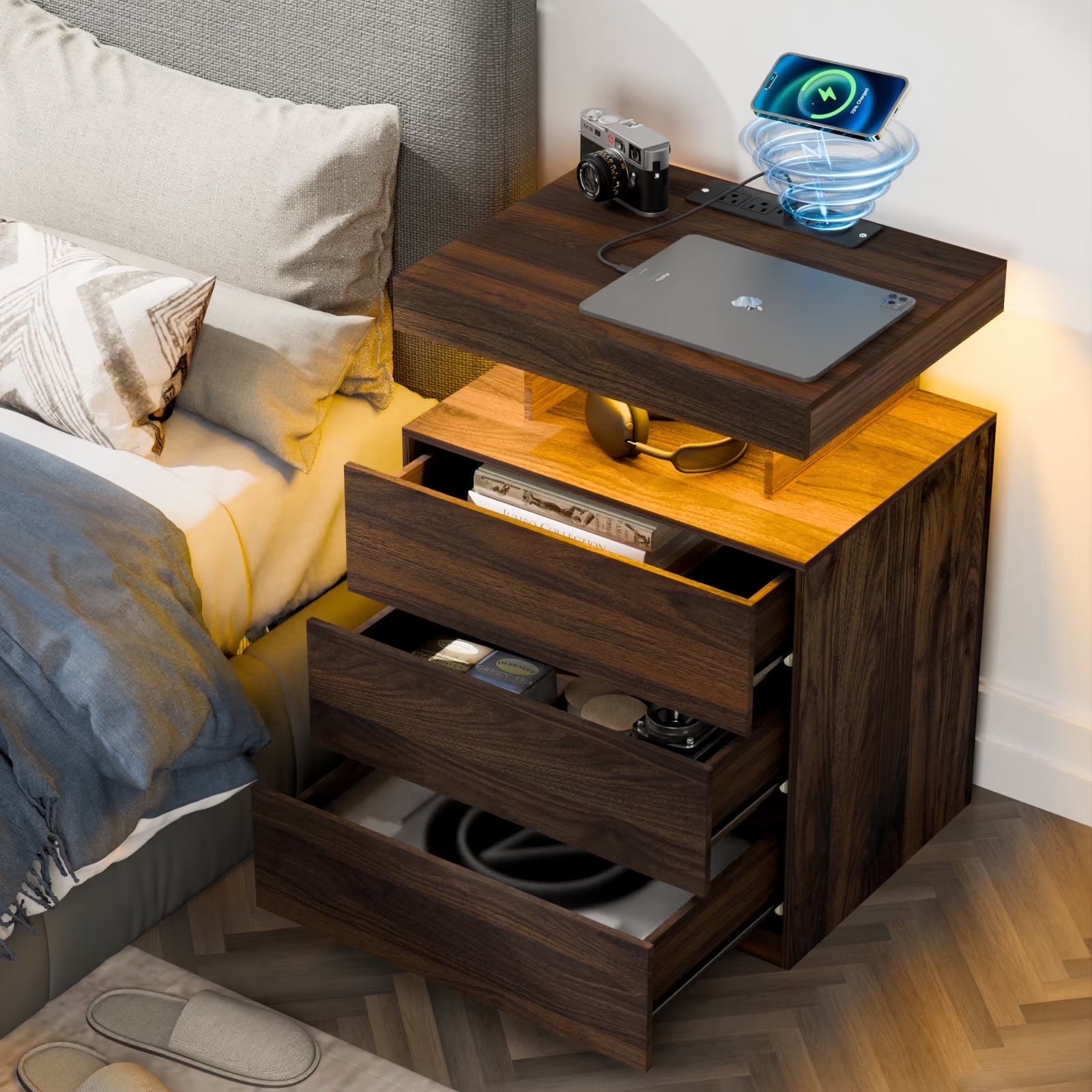 Hommpa LED Nightstand Wireless Charging Station USB Type C Outlets Bedside Table 3 Drawers Black Night Table Modern Smart Nightstand High Gloss End Side Table for Bedroom Furniture 26.8" Tall