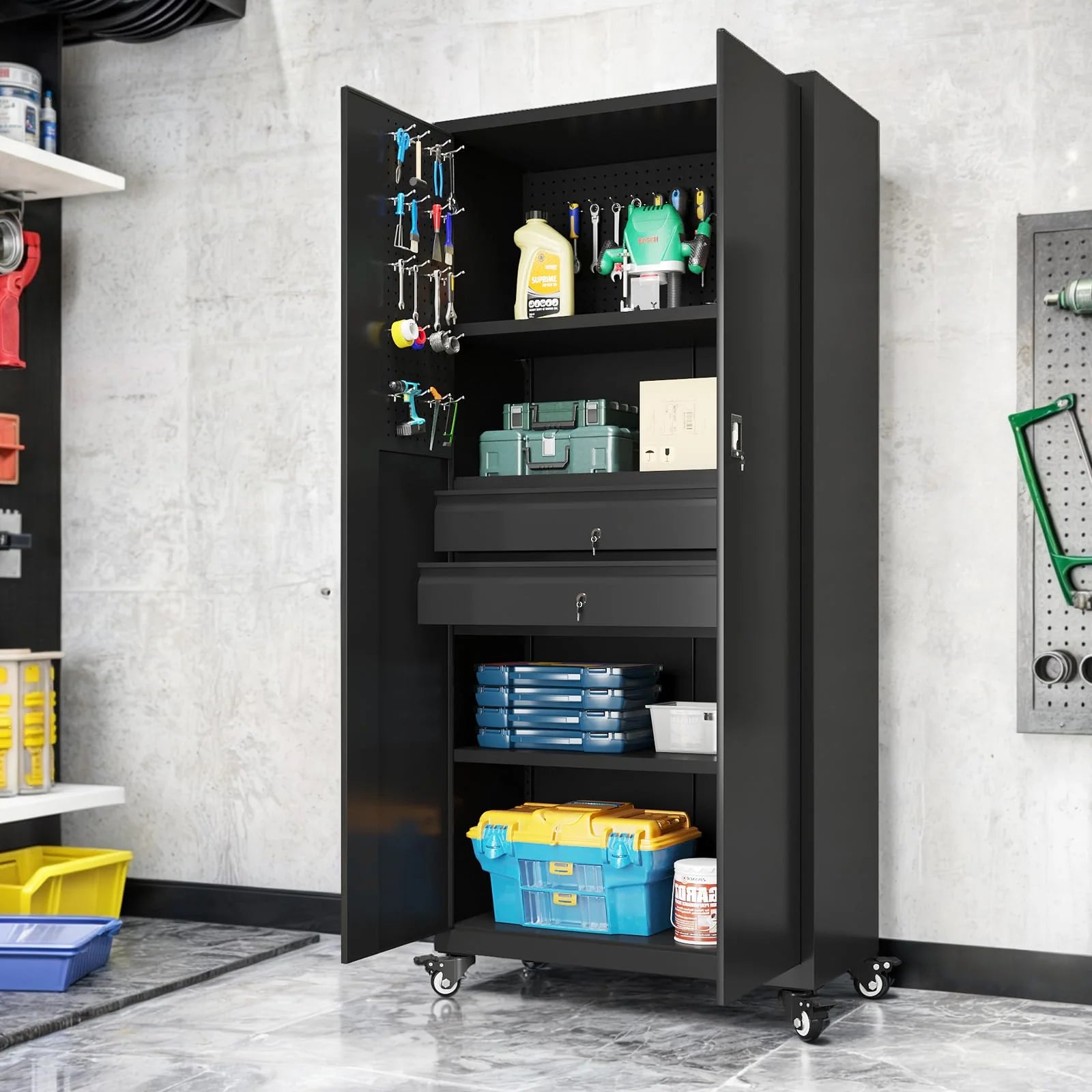 AECOJOY 71" Metal Garage Storage Cabinet with Drawers and Wheel