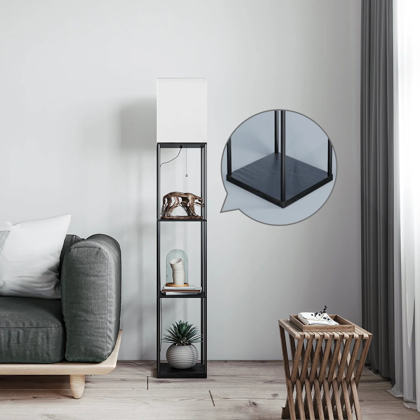 Modern Iron Shelf Floor Lamp with 3 Way Dimmable LED Bulb, Shelves and White Shade for Living Room and Bedroom(Black)