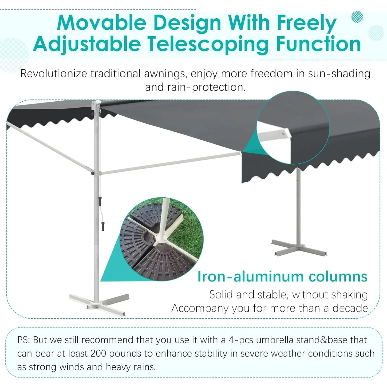 AECOJOY Free Standing Retractable Awning, 10'x10' Dual Side Patio Awnings Outdoor Manual Sun Shade Shelter, Dark Grey