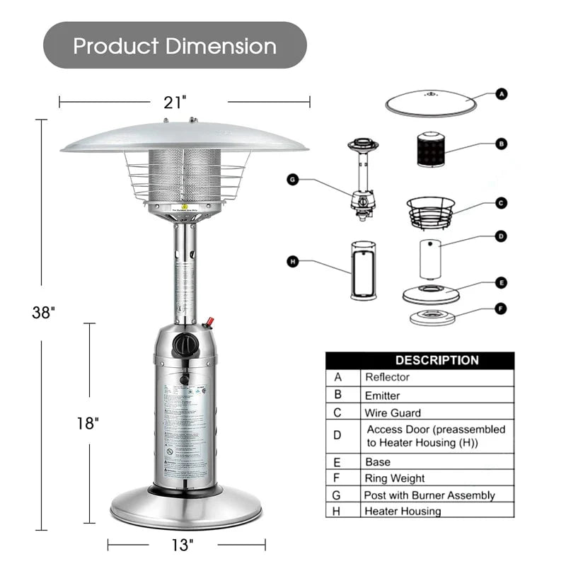11,000 BTU Tabletop Propane Patio Heater, Portable Stainless Steel Outdoor Heater with Adjustable Flame & Tip - Over Protection