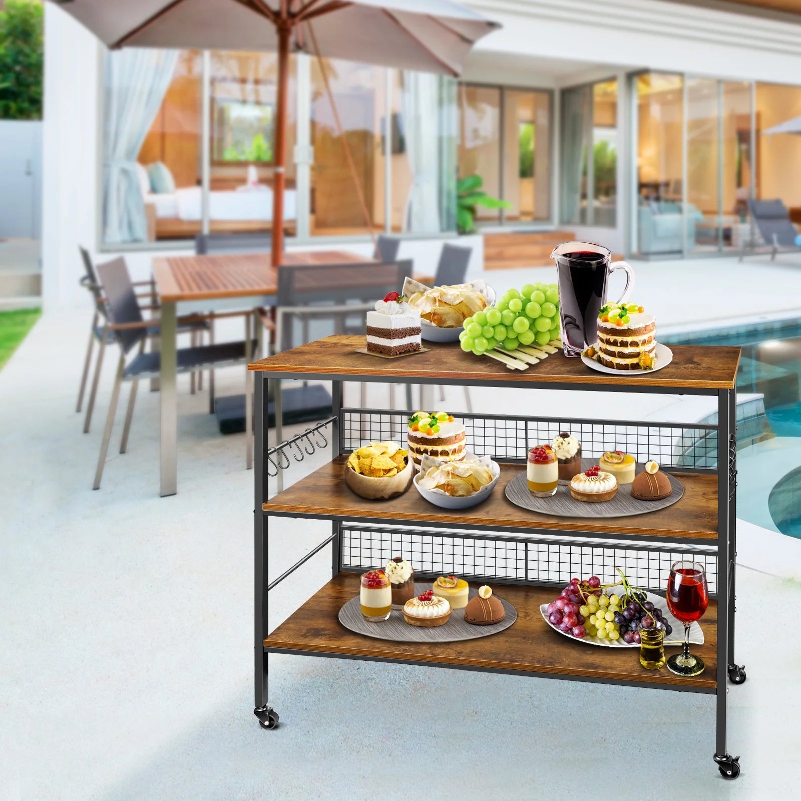 Behost 3-Tier Rolling Cart Microwave Stand with 10 Hooks, Coffee Bar Kitchen Storage Rack Organizer, Rustic Brown