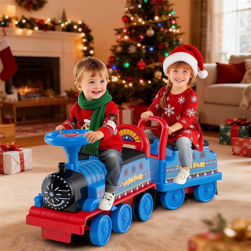 6V 2 - Seater Ride On Train with Detachable Carriage, Under - Seat Storage, Whistle & Flashing LED Lights, Trackless Electric Ride On Toy for Kids