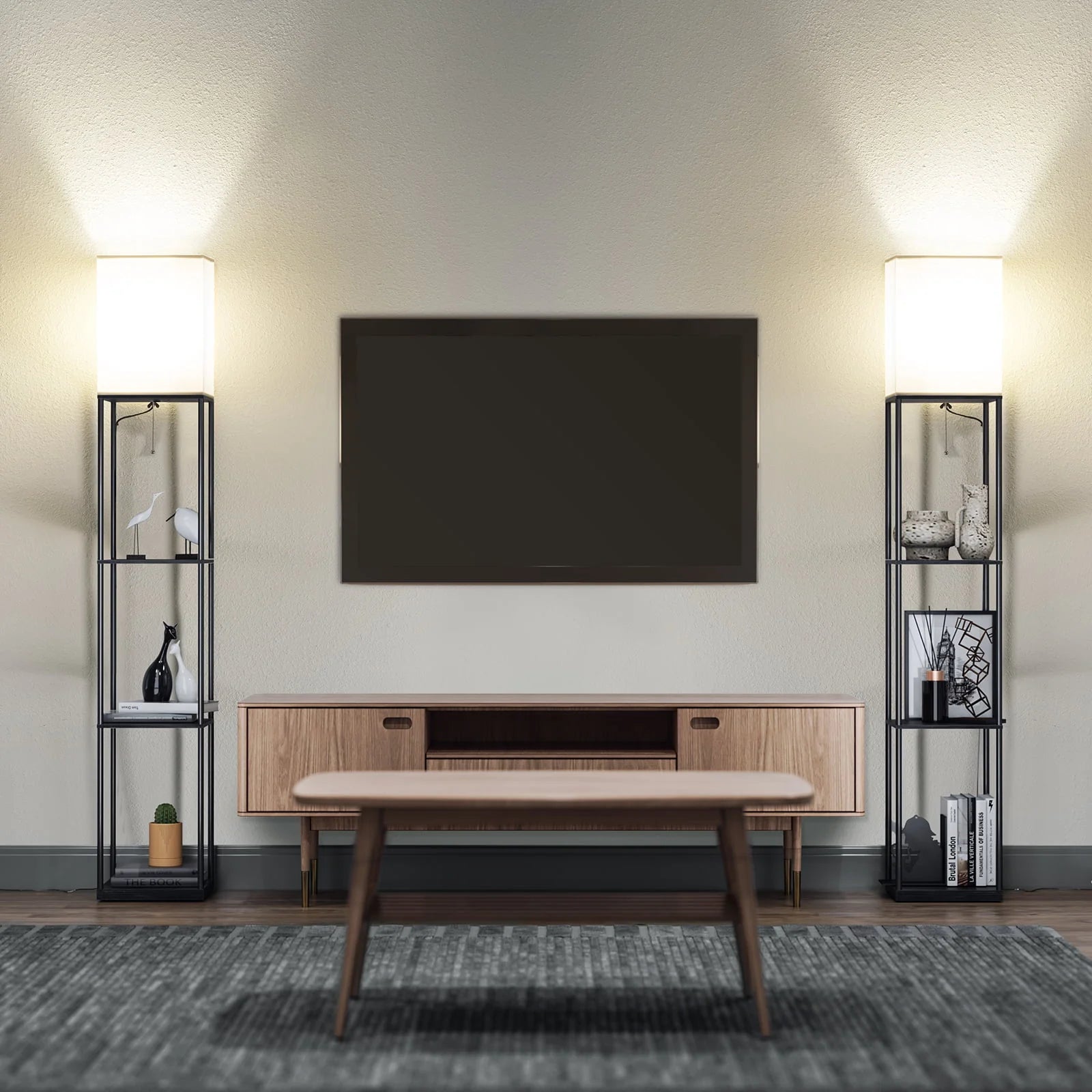 Modern Iron Shelf Floor Lamp with 3 Way Dimmable LED Bulb, Shelves and White Shade for Living Room and Bedroom(Black)
