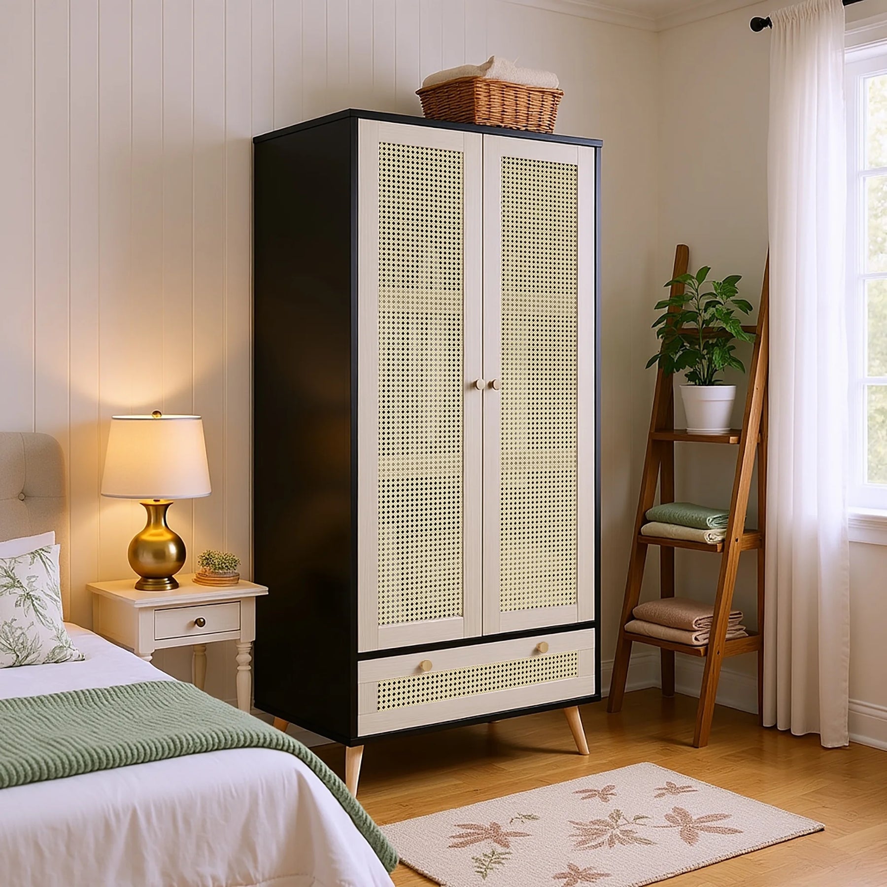 GOMYHOME Accent Cabinet with Rattan Doors & Drawer, Modern Storage Armoire for Living Room, Bedroom, Natural Wood Finish